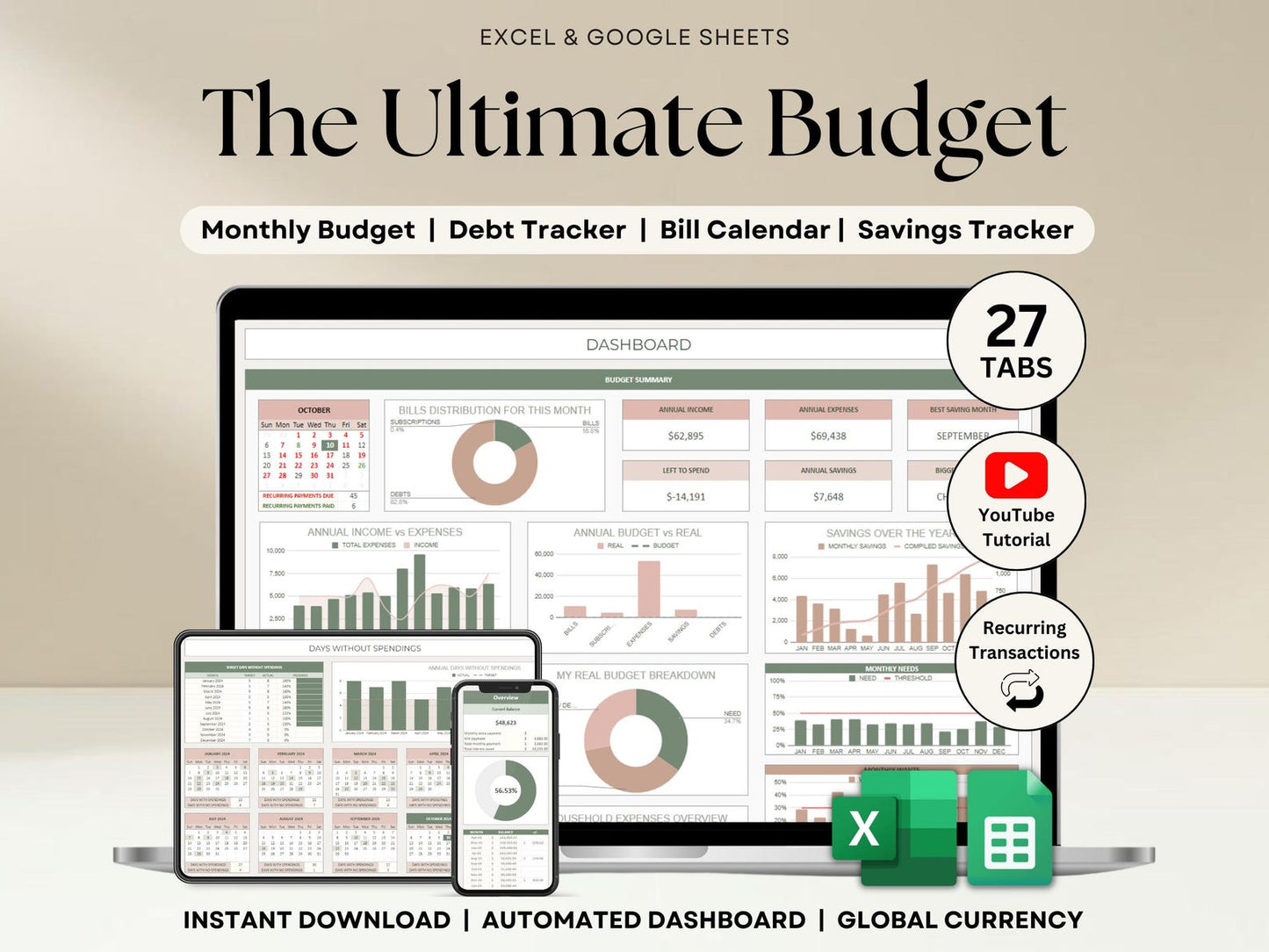Ultimate Annual Budget Planner Spreadsheet Excel Google Sheets