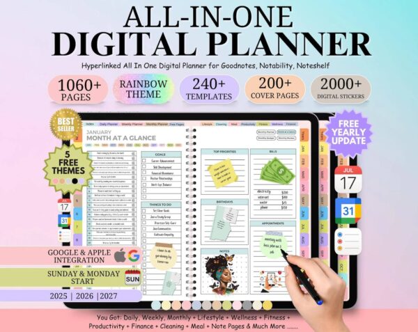All-in-One Digital Planner 2025, 2026, 2027 – Goodnotes Planner, Apple Google Calendar