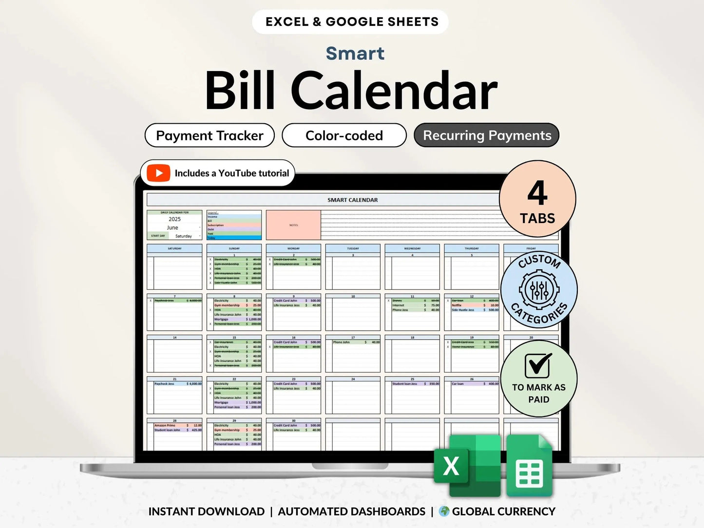 Bill Calendar 2025 2026 Bill Tracker Spreadsheet for Google Sheets and Excel Monthly Smart Bill Planner Editable Personal Allgooddeals