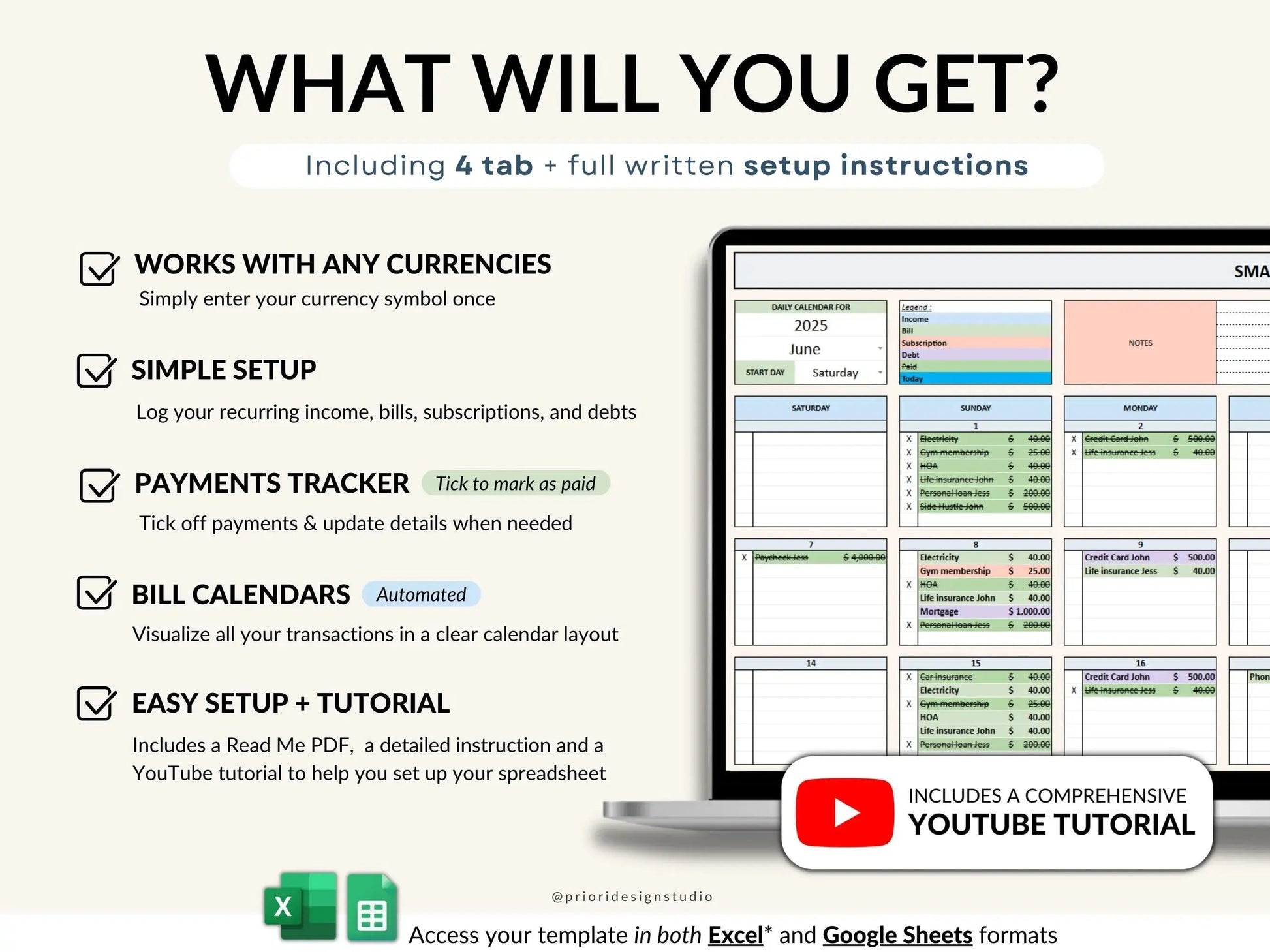 Bill Calendar 2025 2026 Bill Tracker Spreadsheet for Google Sheets and Excel Monthly Smart Bill Planner Editable Personal Allgooddeals