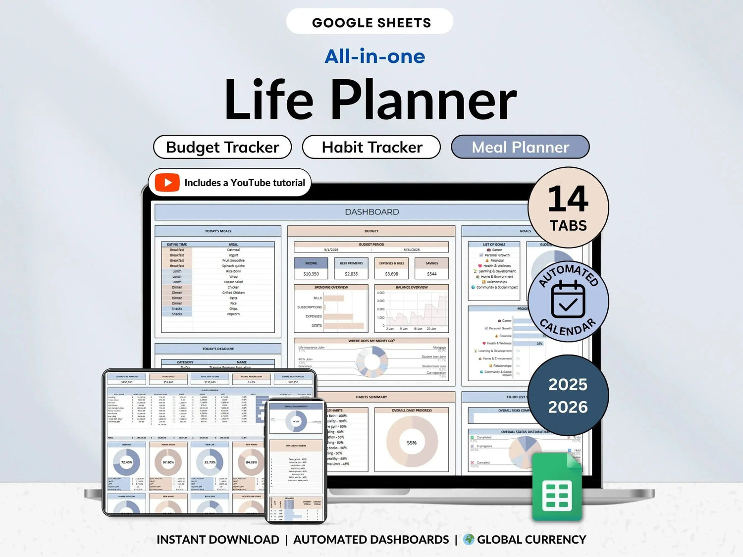 Digital Life Planner Google Sheets Meal Planner Savings Tracker Budget Tracker To Do List Habit Tracker Productivity Goal Allgooddeals