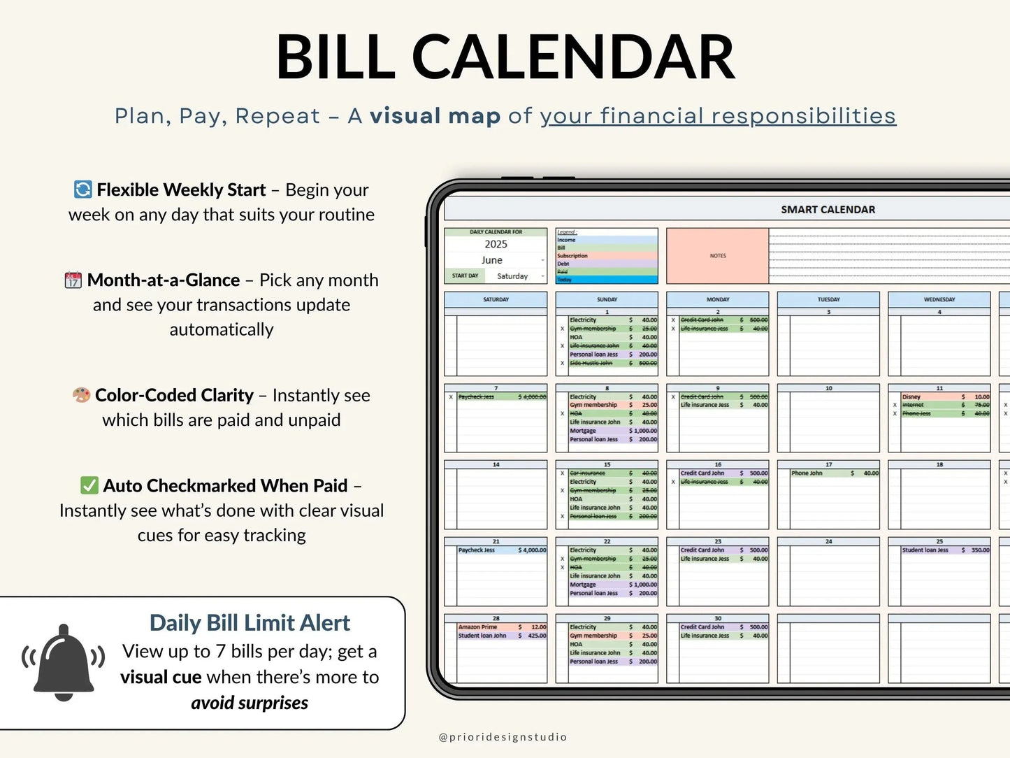 Bill Calendar 2025 2026 Bill Tracker Spreadsheet for Google Sheets and Excel Monthly Smart Bill Planner Editable Personal Allgooddeals