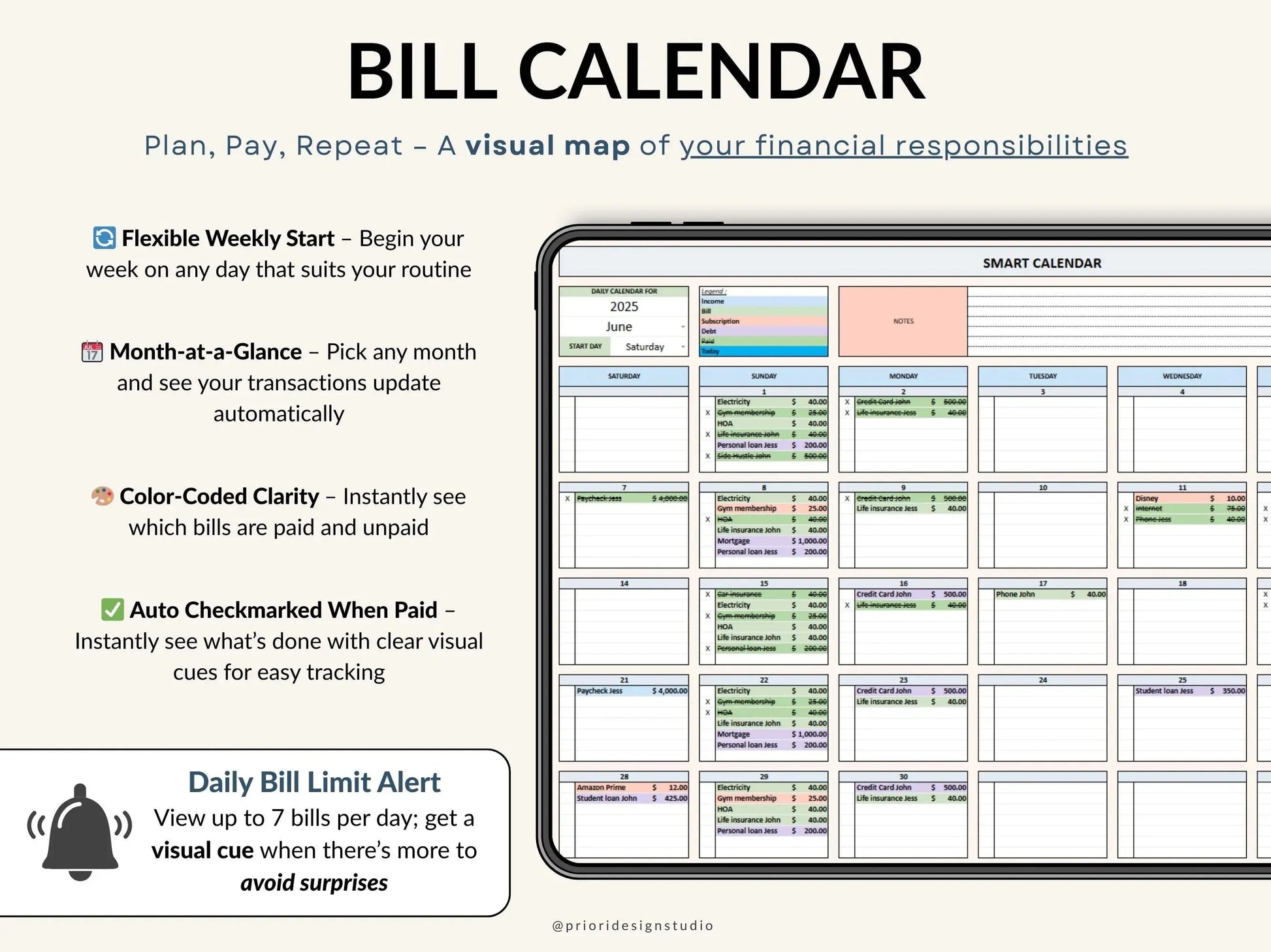 Bill Calendar 2025 2026 Bill Tracker Spreadsheet for Google Sheets and Excel Monthly Smart Bill Planner Editable Personal Allgooddeals