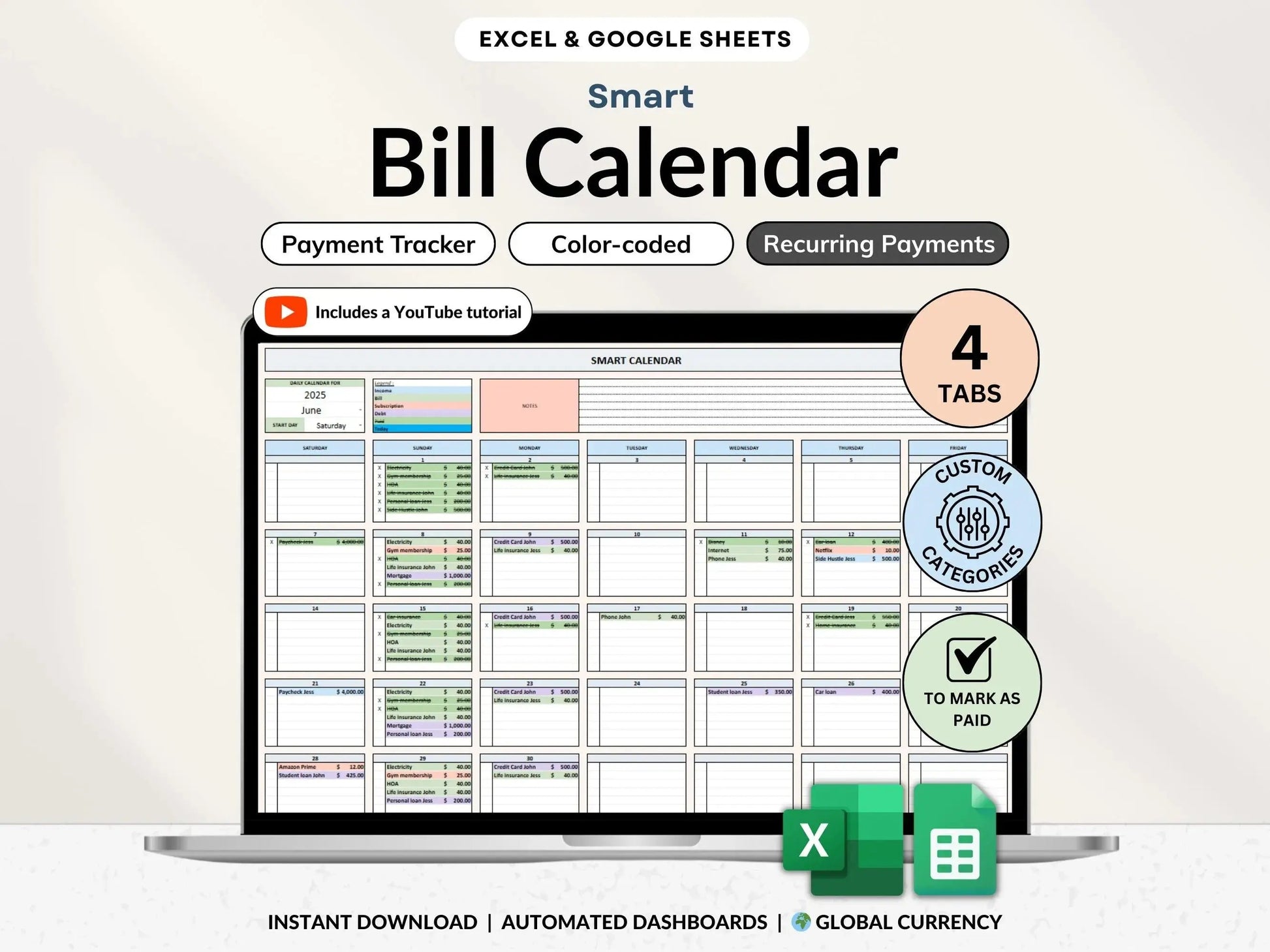 Bill Calendar 2025 2026 Bill Tracker Spreadsheet for Google Sheets and Excel Monthly Smart Bill Planner Editable Personal Allgooddeals