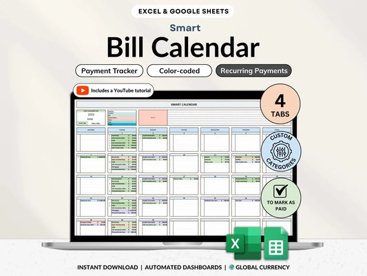 Bill Calendar 2025 2026 Bill Tracker Spreadsheet for Google Sheets and Excel Monthly Smart Bill Planner Editable Personal Allgooddeals